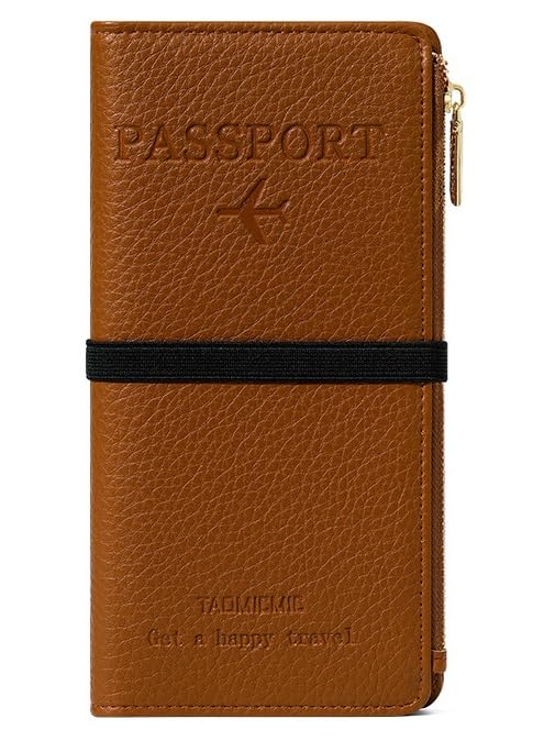 DOB SECHS Leather Passport Holder RFID Blocking Passport Wallet Case for Women, Travel Accessories Organizer Credit Cards Pouch Bag with ID Window+Zippered Cash Pocket+SIM Slots, Brown - color: Brown-1