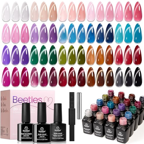 Beetles Cat Eye Gel Nail Polish Set - Timeless Gleam 20 Colors Glitter Cat Eye Gel Nail Kit Nude Pink Red Blue Brown Black Magnetic Base Matte Glossy Top Coat Soak Off UV Manicure Salon Gift for Women - color: 0-0-0-Timeless Gleam