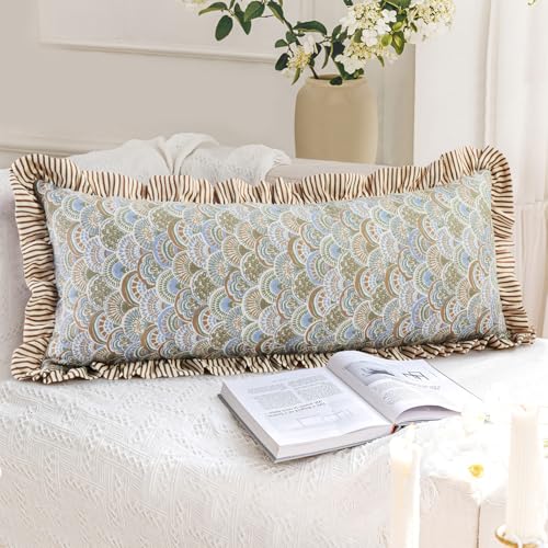 14x36 Inch Cotton Block Print Ruffle Sham Cover,Handmade Boho Floral Block Print Pillowcase,Ruffle Trim,Soft Decorative Cushion Case for Bedroom,Farmhouse&Cottagecore Bedding - color: Agate Grey
