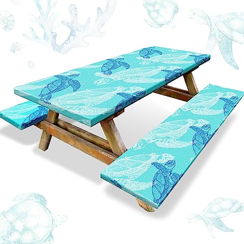 Boao 3 Pcs Vinyl Picnic Table Cover with Bench Cover 6 ft 30 x 72 Inch Waterproof Fitted Tablecloth Flannel Backing Rectangular Elastic Edged for Camping Outdoor Patio Travel(Turtle) - color: Turtle
