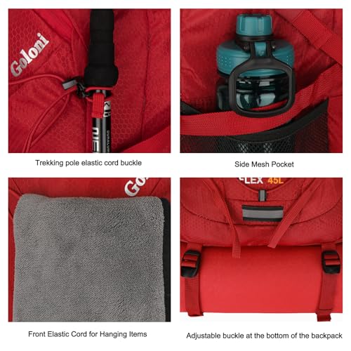 Goloni 45L Hiking Backpack Lightweight Foldable, Waterproof Camping Backpack with Rain Cover & Hiking Pole Mat Carrying System, Ergonomic Water Resistant Daypack for Trekking Travel Men Women Red - color: Red