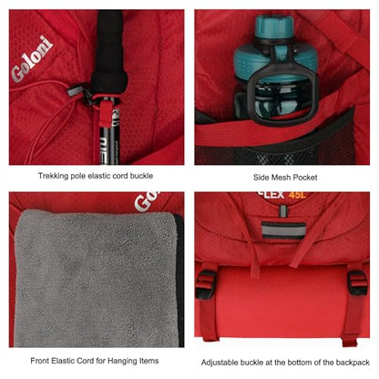 Goloni 45L Hiking Backpack Lightweight Foldable, Waterproof Camping Backpack with Rain Cover & Hiking Pole Mat Carrying System, Ergonomic Water Resistant Daypack for Trekking Travel Men Women Red - color: Red