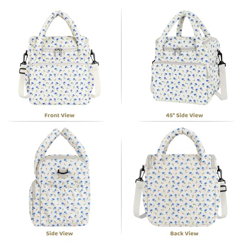 Women's Insulated Lunch Tote Bag - Inch Quilted Lunch Box for Women, Large Waterproof Cooler Bag with Pockets for Work, Picnic, Adult (blue flower) - color: blue flower