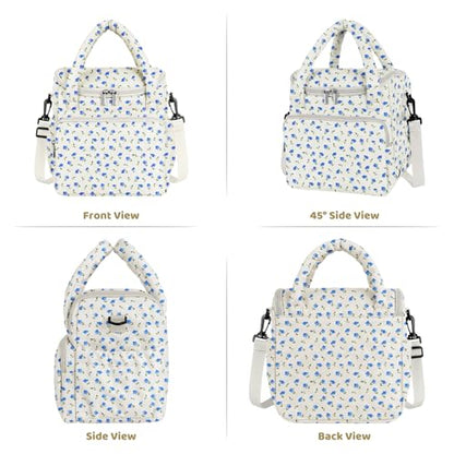 Women's Insulated Lunch Tote Bag - Inch Quilted Lunch Box for Women, Large Waterproof Cooler Bag with Pockets for Work, Picnic, Adult (blue flower) - color: blue flower