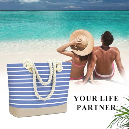 Fokongna Tote Bag For Women, Beach Bag Best Friend Travel Birthday Gifts, Travel Parties Vacation Shopping Essentials - color: Navy White Stripes