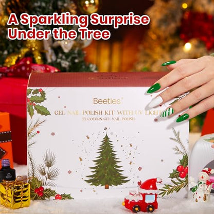 Beetles 80 Pcs Christmas Gel Nail Polish Kit with U V Light - 55 Color Gel Nail Kit Gifts for Women Soak Off Color Enchantment Winter Red Nails Art Home DIY Salon Beginners Manicure Set - color: Christmas Gel Nail Kit