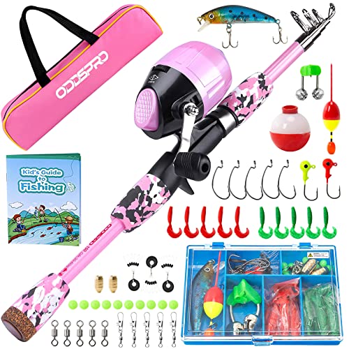 ODDSPRO Kids Fishing Pole Pink, Portable Telescopic Fishing Rod and Reel Combo Kit - with Spincast Fishing Reel Tackle Box for Girls, Youth - color: Light Pink, size: 4.92 ft