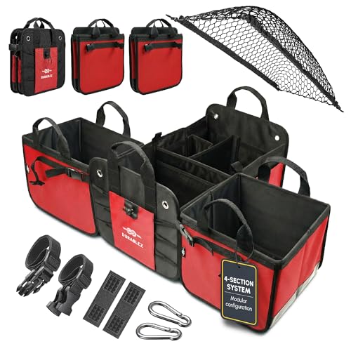 XL Trunk Organizer 4-Section Modular System – Extra Large Car Cargo Storage, Foldable Multi-Compartment Bin for Groceries, Gear & Travel – High-Density Structure – Red - color: red, size: 4-section XXL