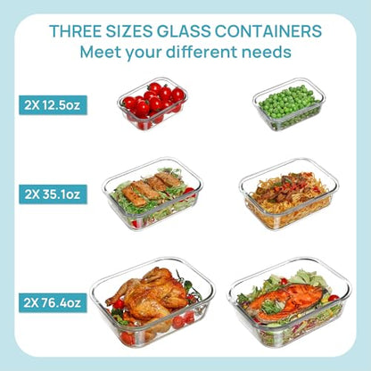 Vtopmart 2.26L/76oz Extra Large Glass Food Storage Containers with Lids, 6 pack Meal Prep Container Set, Airtight Lunch Boxes with Snap Locking Lids for Microwave, Oven, Freezer, Dishwasher - size: 6pack mixed sizes