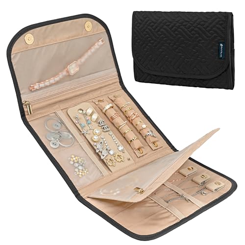 Pavilia Foldable Jewelry Organizer Roll Bag, Small Travel Pouch Wallet for Earrings, Rings, Necklaces, Bracelets (Quilt Black) - color: Quilt Black