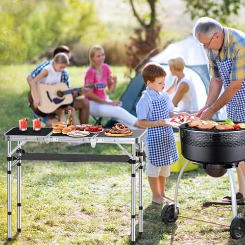 Anbte Folding Camping Table with Storage Net, 3ft Camping Table Aluminum Folding Table with 3 Adjustable Height Max 27.1 Inch Picnic Table Portable Table for Outdoor Backyard BBQ, Black - color: Black
