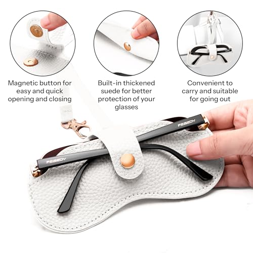 FEISEDY Soft Leather Sunglass Case-Slim Portable Glasses Holder with Button-Closure Wrist Strap for Travel & Outdoor B0308 - color: White