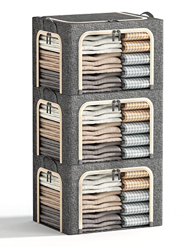 3 Openings Clothes Storage Bins with Metal Frame, Foldable Storage Bin for Clothes, Clothing Storage Bins with Lid, Linen Storage Box With Clear Window＆ Zippers＆ Durable Handles.(3 Pcs,Dark Grey,40L) - color: Light Grey, size: Medium-(‎16.5 x 12.6 x 11.8