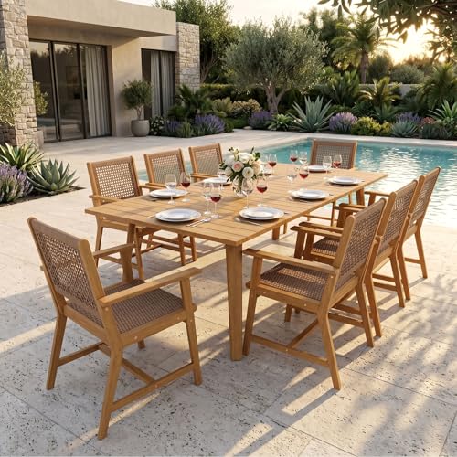 Sophia & William Outdoor Dining Set, Patio Furniture Set with Table and Chairs Set Wooden, Rattan Furniture Set of 8 Chairs and 1 Acacia Wood Rectangular Table for Yard, Garden, Porch and Poolside - size: 8 Seats