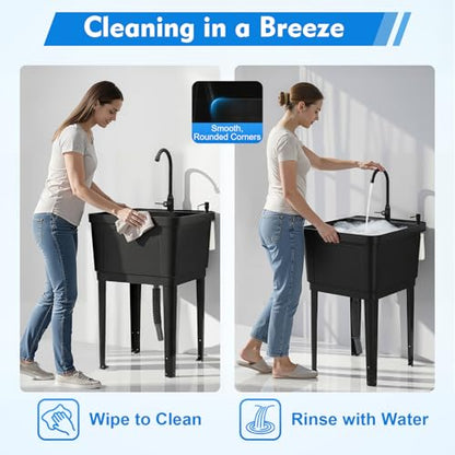 Black Utility Sink, Free Standing Laundry Sink, Laundry Tub Sink with Faucet+Soap Dispenser+Drain Pipe Kit, Laundry Room Sink for Restaurants, Laundries, Stores - color: Black, 19.7 x 19 x 33.1in