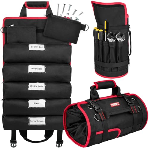 Tool Bag,Large Roll Up Tool Bag Organizer,13 Pockets Tool Roll Storage Pouch,Heavy Duty Portable Tool Storage Carrier Bag for Men,Mechanic,Electrician,Valentines Day Gifts for Men,Black/Red - color: Black+Red