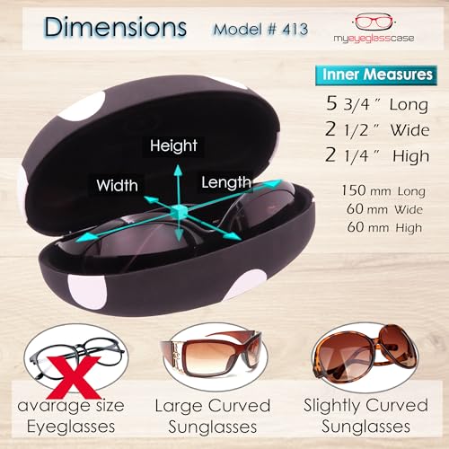 MyEyeglassCase® Large Hard Sunglasses Case | fits Large curved Sunglasses, with microfiber bag and cleaning cloth - color: Polka Dots Black / White