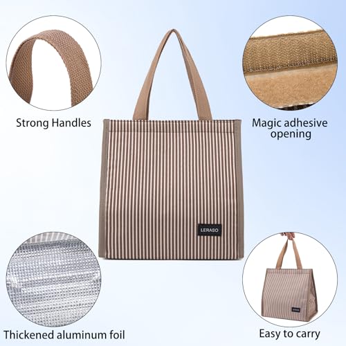 Insulated Lunch Bag for Work, 10.2"x5.9"x10.2" Oxford Waterproof Striped Canvas Tote Bag - color: Pink White