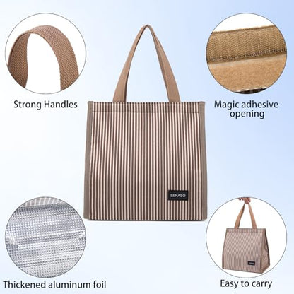 Insulated Lunch Bag for Work, 10.2"x5.9"x10.2" Oxford Waterproof Striped Canvas Tote Bag - color: Pink White