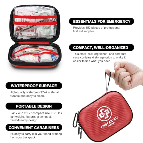 Mini First Aid Kit - 150 Piece Small Waterproof Hard Shell Medical Kit for Home, Car, Travel, Camping, Truck, Hiking, Sports, Office, Vehicle & Outdoor Emergencies- Small First Aid Medical Kit (Red) - color: Red