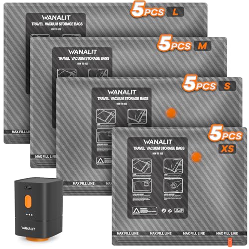 Travel Vacuum Storage Bags with Wireless Rechargeable Electric Pump, 20 Pack Travel Essentials Vacuum Seal Bags for Clothing, Space Saver Compression Packing Bags for Luggage, Suitcase, Backpack, Home