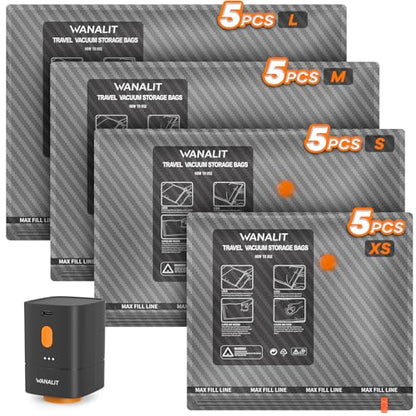 Travel Vacuum Storage Bags with Wireless Rechargeable Electric Pump, 20 Pack Travel Essentials Vacuum Seal Bags for Clothing, Space Saver Compression Packing Bags for Luggage, Suitcase, Backpack, Home