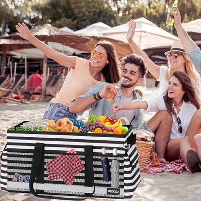 Extra Large Utility Tote Bag with Reflective Strip, Standing Reusable Grocery Bags with Hard Bottom, Collapsible Utility Tote with Handles for Shopping, Beach, Picnics, Car, Striped Black - color: Striped Black