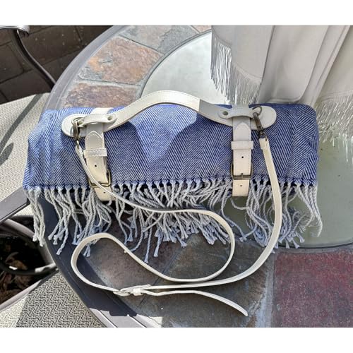 Picnic Blanket Extra Large Waterproof with Strap 59"x79" - Machine Washable Tassels Faux Wool Cashmere for Park, Grass, Camping, Hiking, Concerts (Blue with white shoulder strap, 59"X79") - color: Blue With White Shoulder Strap