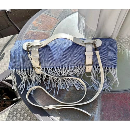 Picnic Blanket Extra Large Waterproof with Strap 59"x79" - Machine Washable Tassels Faux Wool Cashmere for Park, Grass, Camping, Hiking, Concerts (Blue with white shoulder strap, 59"X79") - color: Blue With White Shoulder Strap