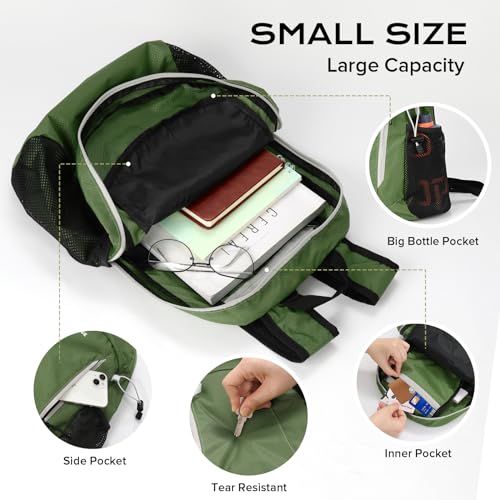 VPBAGE 15L Water-resistant Hiking Daypack, Small Backpack Travel Outdoor, Lightweight Packable Day Pack Carry On for Women Men Adults - color: Army Green