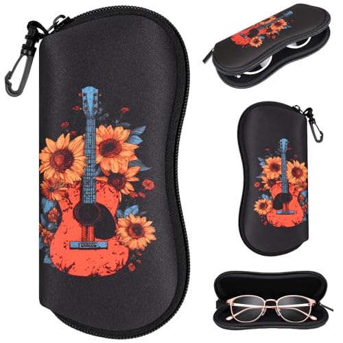 Sunglasses Case with Belt Clip, Ultra Light Neoprene Zipper Soft Padded Glasses Case for Women Men - color: Flower Guitar