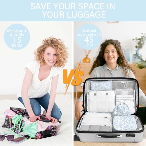8 Set Packing Cubes for Travel, Luggage Packing Organizers Accessories Large Toiletries Bag for Clothes Shoes Cosmetics (Blue Flower) - color: 8Set-Blue Flower