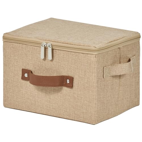 Storage Bins with Zipper Lid Cotton Linen Fabric Lidded Storage Baskets Boxes Foldable Washable Closet Shelf Clothes Organizer Container with PU Leather Handles (Linen, Small) - color: Linen, size: Small ( Set of 1 )