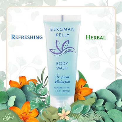 BERGMAN KELLY Travel Size Body Wash (1 fl oz, 100 PK, Tropical Waterfall), Delight Your Guests with an Invigorating and Refreshing Hotel Body Wash, Mini and Small Size Guest Hotel Toiletries in Bulk - size: 1 Fl Oz (Pack of 100)