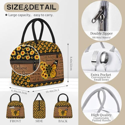 Bible Verses Lunch Box Christian Insulated Lunch Bag for Women Inspirational Scripture Cross Butterfly Sunflower Lunchbox Religious Reusable LunchTote Bag for Church Office Work Travel - color: Christian 3
