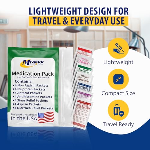 MFASCO - 7 in 1 - Travel Size Medicine Kit - TSA Approved | 28 First Aid Emergency OTC Medicine Packets for Cruise & International Travel | Compact Med Refill for Traveling & Office Assembled in USA