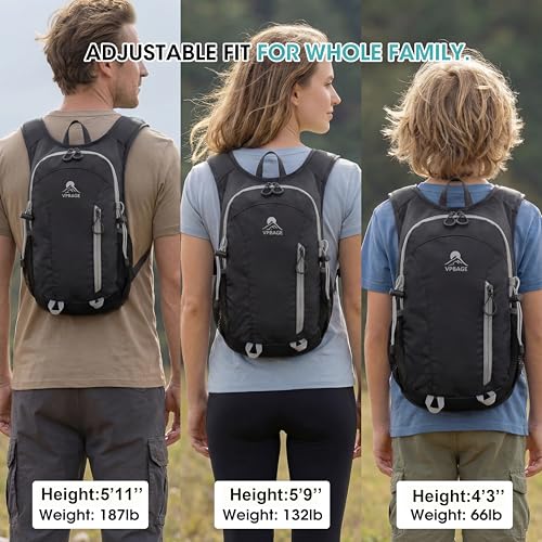 Foldable Small Hiking Backpack with 3 Strap Pockets – Lightweight 300D Spill-proof Daypack for Men Women – Packable Small Travel Backpack with Chest Strap & Trekking Pole Holder – Durable Outdoor Bag - color: Black