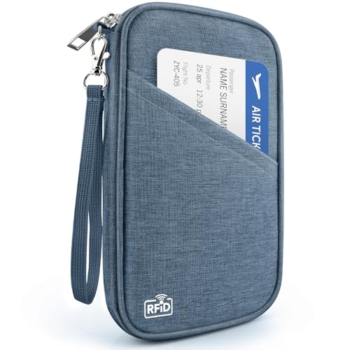 Passport Holder Family RFID Travel Document Organizer for Women Waterproof Passport Wallet Men Portable Case for Cards, Boarding Pass, ID, Money, Tickets with Zipper - color: A-Family-Light Blue