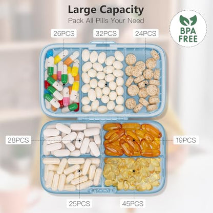 FYY Weekly Pill Organizer with Labels,8 Compartments Travel Daily Pill Case Airtight Moistureproof Large Pill Box to Hold Vitamins, Fish Oil, Supplements,Cotton Swab and Bandages-Blue - color: Blue