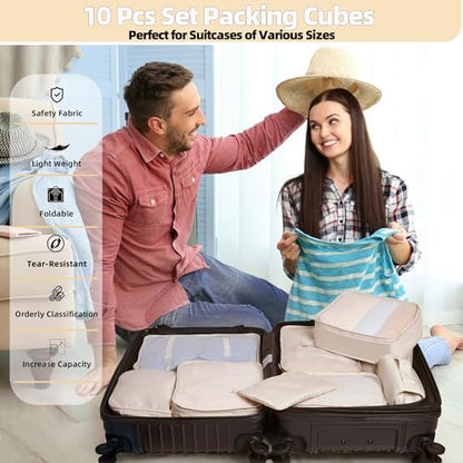 10 Pcs Set Packing Cubes - Travel Packing Organizers, Expandable Suitcase Organizer, Luggage Organizer Bags - color: BEIGE