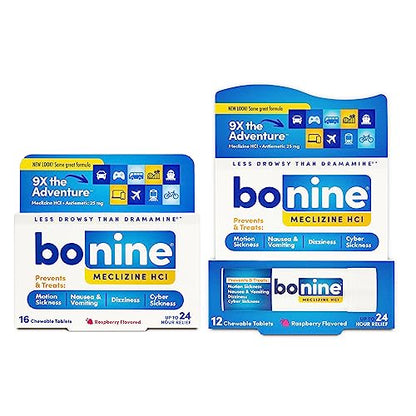 Bonine Non-Drowsy Motion Sickness Relief - Chewable Tablets with Meclizine HCL 25mg - Non Drowsy Medicine for Nausea or Motion Sickness - Cruise Essentials - Raspberry Flavor, 28 Chewable Tablets - size: 2 Piece Assortment