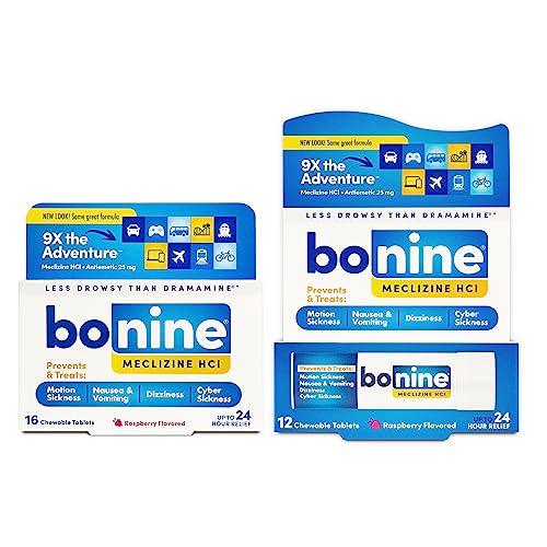 Bonine Non-Drowsy Motion Sickness Relief - Chewable Tablets with Meclizine HCL 25mg - Non Drowsy Medicine for Nausea or Motion Sickness - Cruise Essentials - Raspberry Flavor, 28 Chewable Tablets - size: 2 Piece Assortment