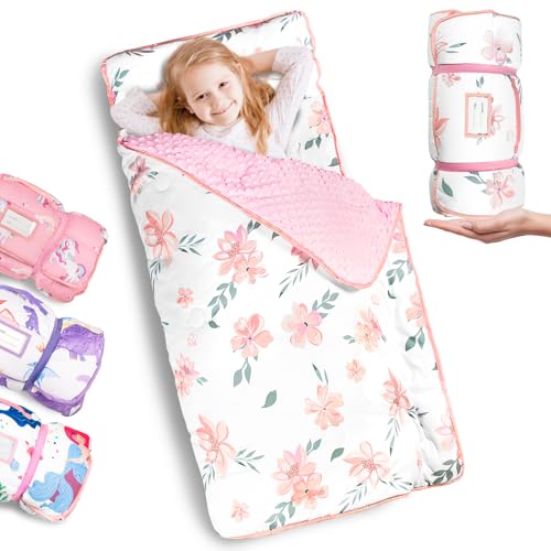 Primlect Thickened Toddler Nap Mat with Removable Pillow and Minky Blanket, Extra Large 55''x35'' Sleeping Bag, Washable, Roll up, Perfect for Daycare, Preschool, Kindergarten, Boys and Girls Flowers - color: Pink Flower Upgraded