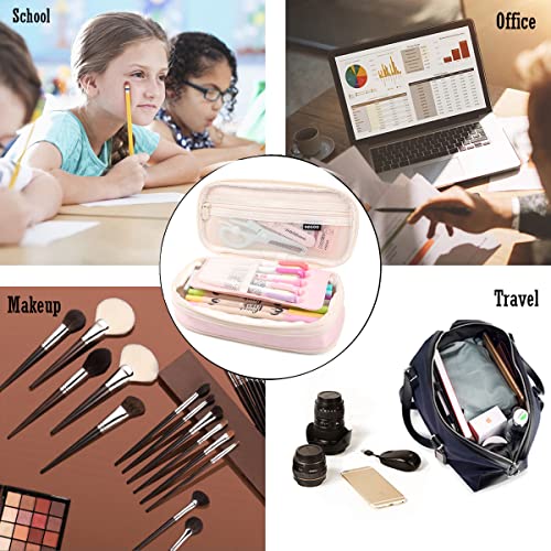 MAMUNU Expandable Pencil case with compartments, Large Capacity Pencil Cases Pencil Bag Pouch Office School, Portable Pencil Case Large School Stationery Organizer, Makeup Cosmetic Bag, Pink - color: Pink