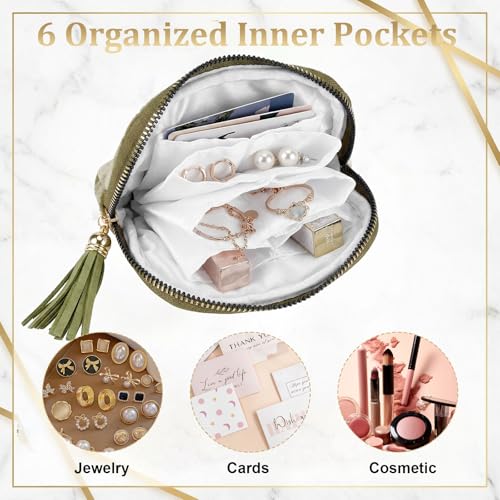 Small Travel Jewelry Case Organizer, Green Soft Velvet Jewelry Pouches With 6 Compartments, Zipper Pouch for Necklace Bracelet Earring Ring Storage Holder, Small Jewelry Bags for Travel Daily Use