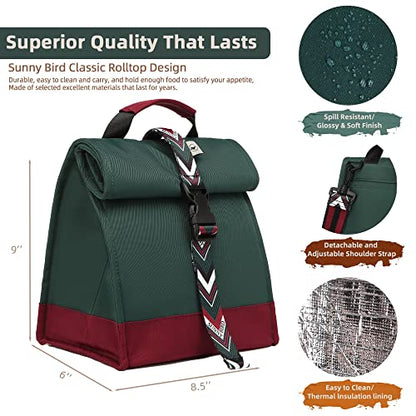 SUNNY BIRD Insulated Lunch Bag Rolltop Lunch Box Tote Bag for Women, Men, Adults and Teens (Green with Boho strap) - color: Green with Boho strap