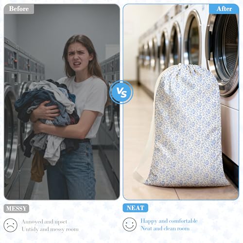 College Laundry Bag 29"×18", Waterproof Dirty Clothes Bag with Handles & Locking Drawstring, Large Capacity Floral Laundry Backpack for Dorm, Laundromat, Apartment, Travel & Camping (Blue)