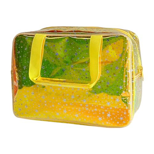 Holographic Yellow Clear Star Large Cosmetic Bag and TPU Travel Pouch with Handle,Durable Material,Zipper Design-Ideal for Makeup,Travel Essentials (Yellow) - color: Yellow