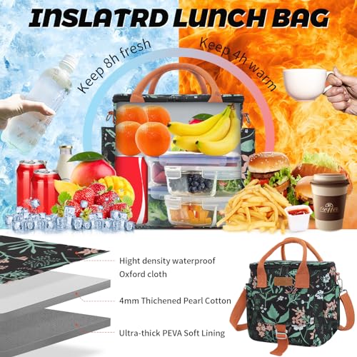 Joymee Large Insulated Lunch Bag Women Reusable Waterproof - Green Leaf | Large Spacious, Cooler Lunch Bag, Adjustable Shoulder Strap, With Side Pocket, Bottle Holder, for Office Work Picnic Travel - color: Green Leaf