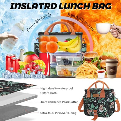 Joymee Large Insulated Lunch Bag Women Reusable Waterproof - Green Leaf | Large Spacious, Cooler Lunch Bag, Adjustable Shoulder Strap, With Side Pocket, Bottle Holder, for Office Work Picnic Travel - color: Green Leaf